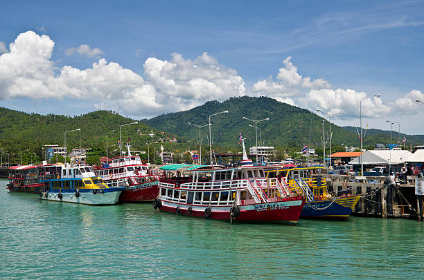 Ferries moored at Nathon Harbour on the west coast of Ko Samui. This is the main port for the island in the Gulf of Thailand.