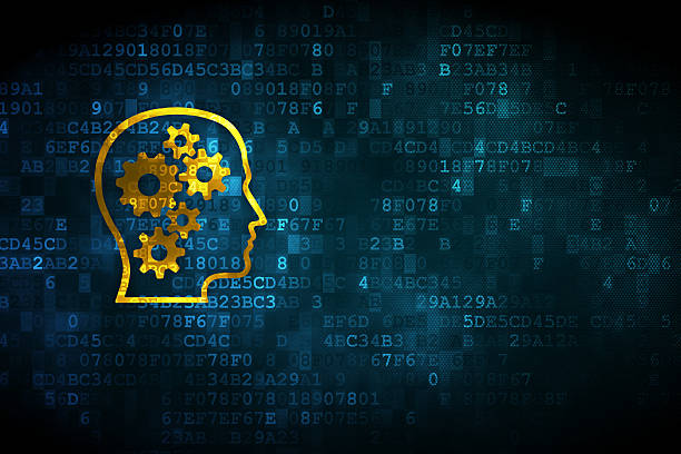istock Gold head with gears on blue digital background 467438239