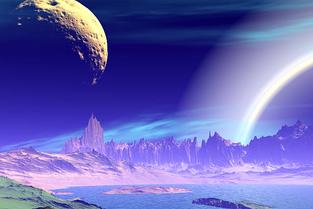 istock 3D rendered fantasy alien planet. Rocks and  moon 467441126