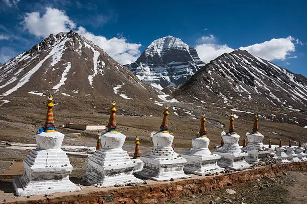 Buddhist stupas at Dirapuk Gompa, with the north face of Mount Kailash in background. Every year, thousands make a pilgrimage to Kailash, following a tradition going back thousands of years. Pilgrims of several religions believe that circumambulating Mount Kailash on foot is a holy ritual that will bring good fortune.