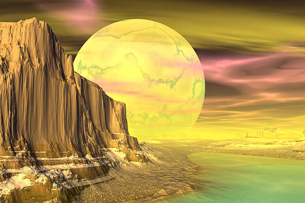 istock 3D rendered fantasy alien planet. Rocks and  moon 467448678