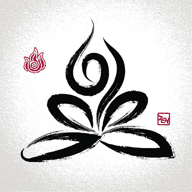Yoga lotus pose and fire element symbol with oriental brushwork Yoga lotus pose and fire element symbol with oriental brushwork style man yoga tattoo stock illustrations