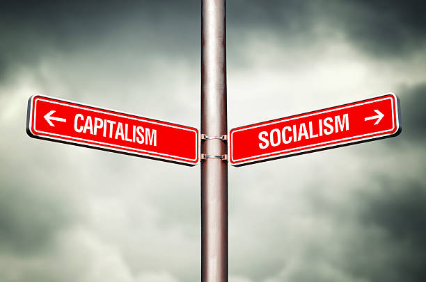 Capitalism or Socialism concept Capitalism or Socialism concept. Street sign pointing to opposite direction. Choose between. capitalism stock pictures, royalty-free photos & images