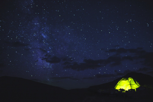 Tent under the starry sky in mountains 