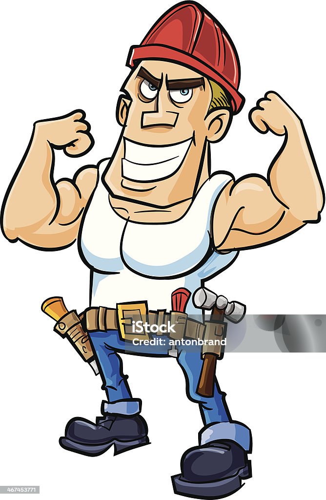 Cartoon worker flexing his muscles Cartoon worker flexing his muscles. Isolated Adult stock vector