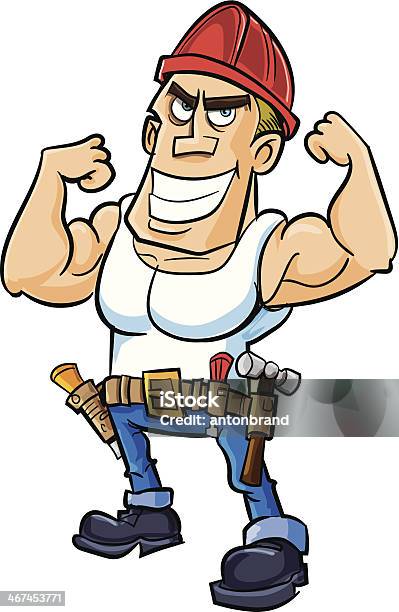 Cartoon Worker Flexing His Muscles Stock Illustration - Download Image Now - Adult, Blue-collar Worker, Building Contractor