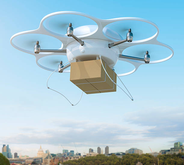 Delivery drone carrying package on a city