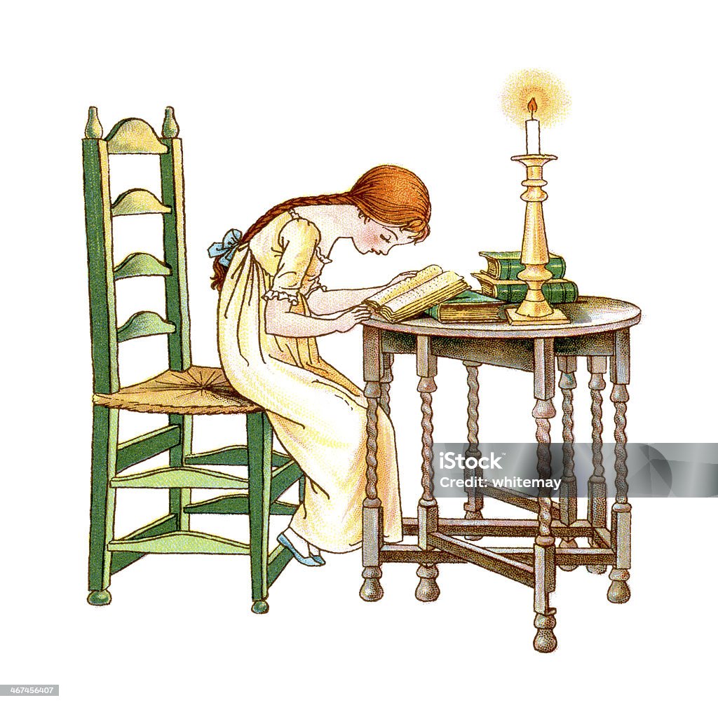 Período Regencial menina lendo à luz de velas - Ilustração de Castiçal royalty-free
