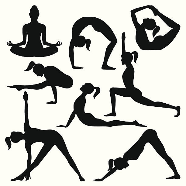 벡터 실루엣 요가 위치 - stretching exercising gym silhouette stock illustrations
