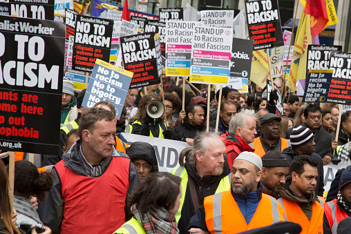 London, United Kingdom - March 21, 2015: Antifascist marchers near Oxford Street, London.