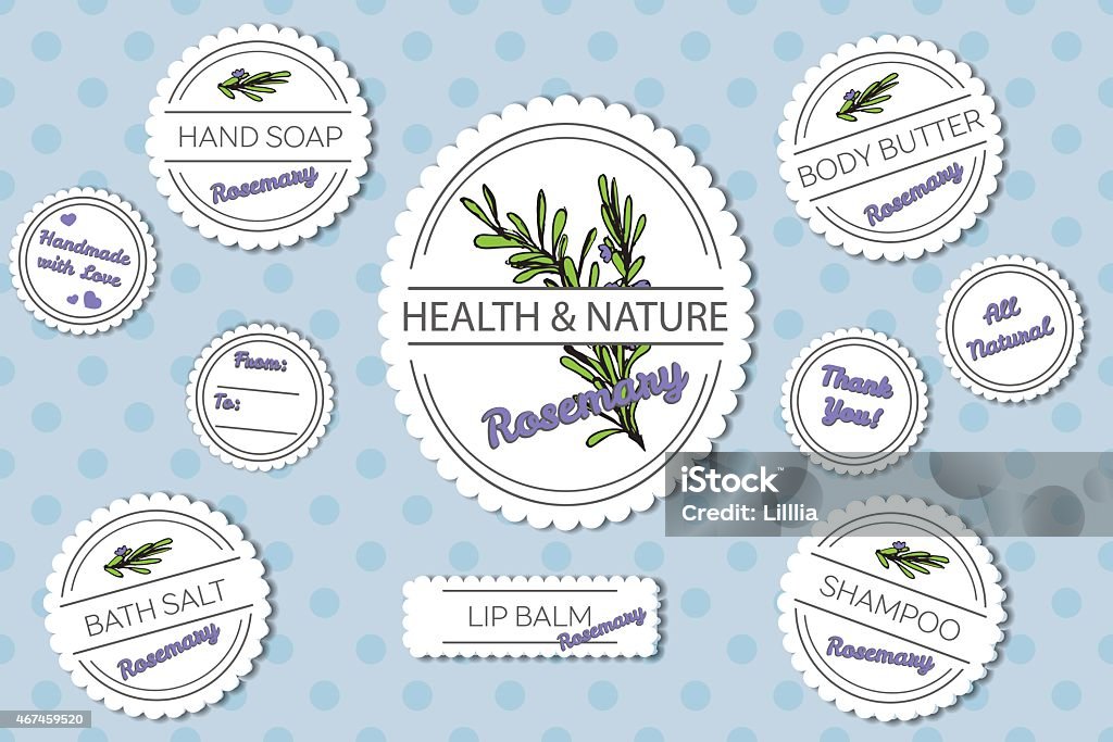 Set of labels for natural bath body products with rosemary Set of labels for natural bath body products on spotted seamless background: lip balm, shampoo, bath salt, hand soap, body butter. Rosemary -  Rosmarinus officinalis 2015 stock vector