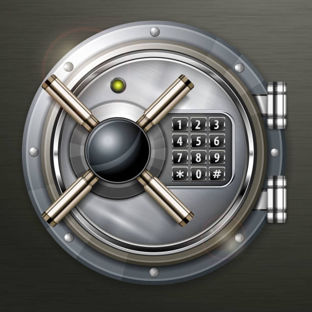 Bank vault on dark Bank round metallic vault on dark, vector illustration safes and vaults stock illustrations