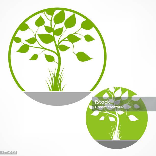 Tree With Green Leaves In Round On White Stock Illustration - Download Image Now - 2015, Branch - Plant Part, Circle