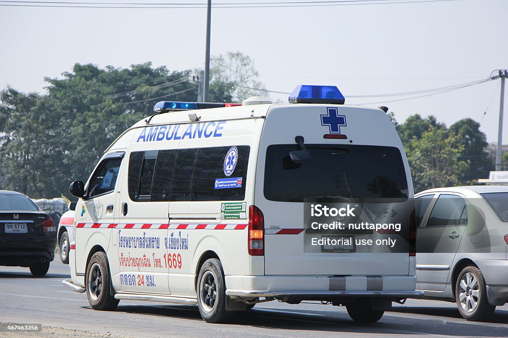 Ambulance van of Sansai Hospital  Chiang mai, Thailand - January 5, 2015: Ambulance van of Sansai Hospital. Photo at road no.1001 about 8 km from city center, thailand. 2015 Stock Photo