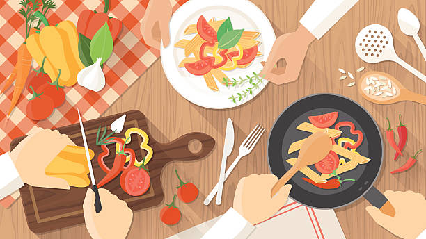 셰프 활동직 주방 - chef cooking pasta professional occupation stock illustrations