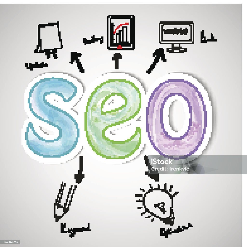 Search engine optimization Search engine optimization gear industrial illustration with arrows and words. Design over paper background Arrow Symbol stock vector
