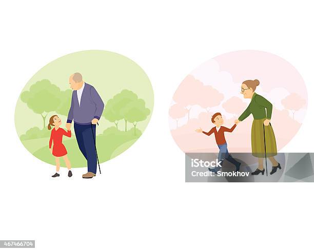 Grandparent Walking With Offspring Stock Illustration - Download Image Now - 2015, Active Lifestyle, Active Seniors