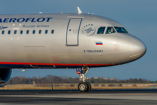 Prague, Czech Republic - February 1, 2015 - Aeroflot Airbus A320 taxiing towards the terminal at Vaclav Havel Airport