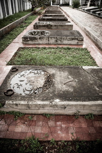 Jakarta, Indonesia - January 11, 2014: Tombstones in very old cemetery Museum Prasasti