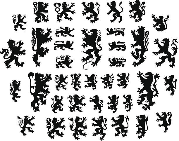 ilustraciones, imágenes clip art, dibujos animados e iconos de stock de conjunto de siluetas de heraldic lions - england