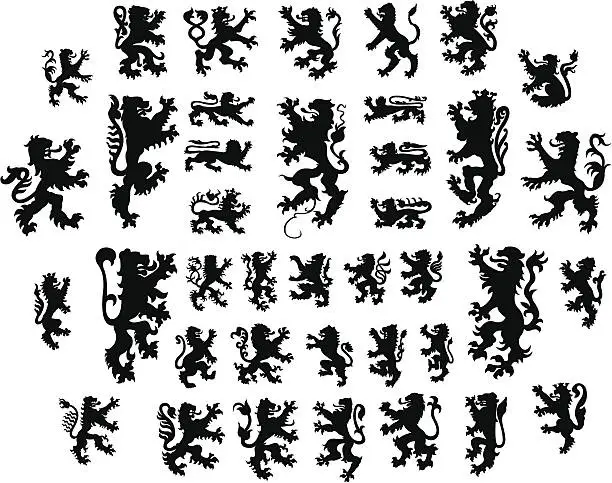 Vector illustration of Heraldic lions silhouettes set