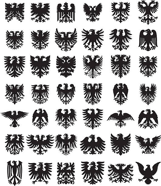 ilustraciones, imágenes clip art, dibujos animados e iconos de stock de conjunto de siluetas de heraldic eagles - eagles