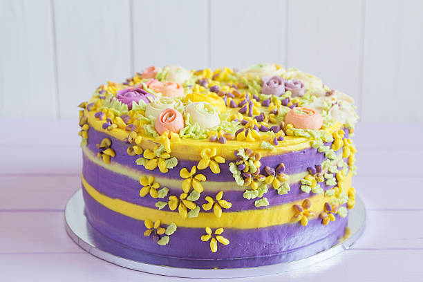 Colorful homemade cake with flowers stock photo
