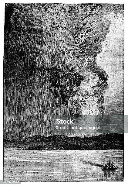 Victorian Engraving Of A Volcanic Eruption On Java Stock Illustration - Download Image Now - Antique, Coastline, Engraved Image