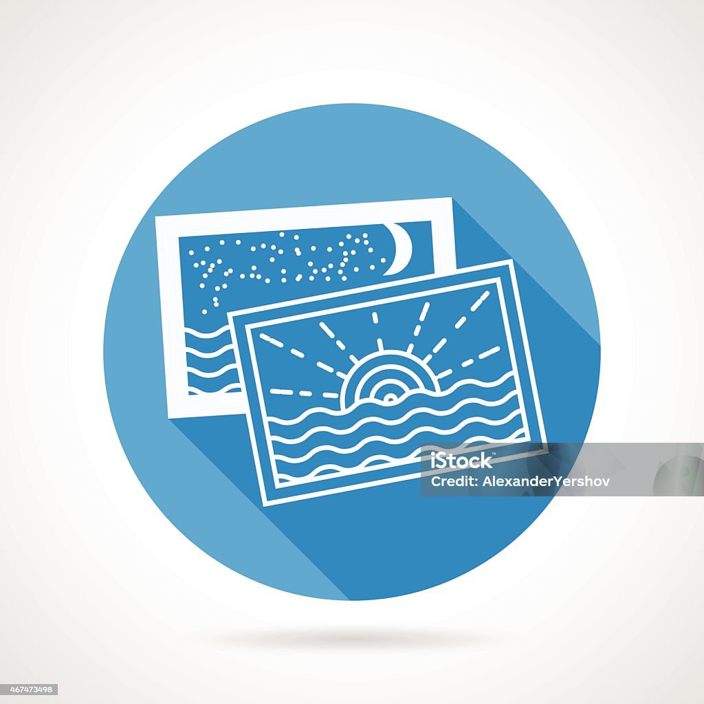 Vacations photo round vector icon Flat blue round vector icon with white silhouette photo of summer leisure on gray background. Long shadow design 2015 stock vector