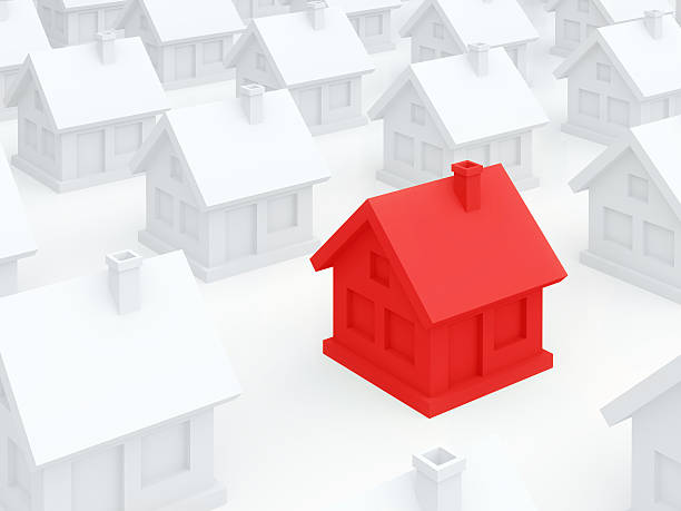istock Red dangerous home among ordinary white houses (3D render) 467473646