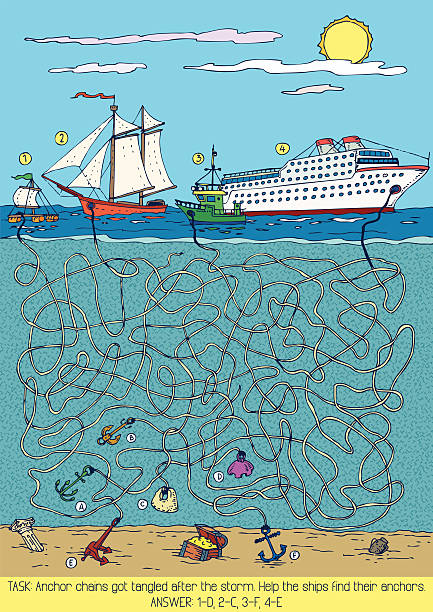 Ships Maze Game Sea Maze Game with ships and anchors. Vector illustration anchor free pic stock illustrations