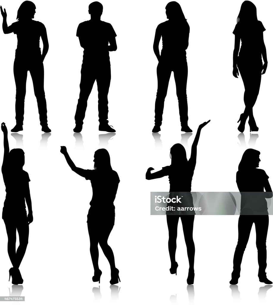 Silhouette of seven women and a man on a white background Black silhouettes of beautiful mans and womans on white background. Vector illustration. 2015 stock vector