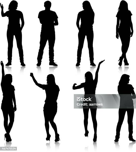 Silhouette Of Seven Women And A Man On A White Background Stock Illustration - Download Image Now