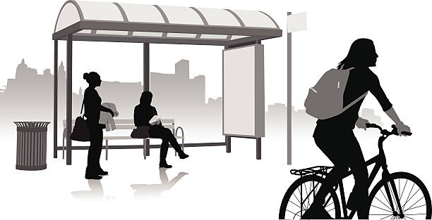 Independant Young women use eco-friendly modes of transportation including bicycling and taking mass transit. bus shelter stock illustrations