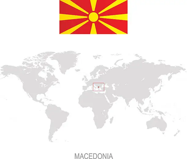 Vector illustration of Flag of Macedonia and designation on World map