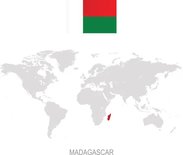 Vector illustration of Flag of Madagascar and designation on World map