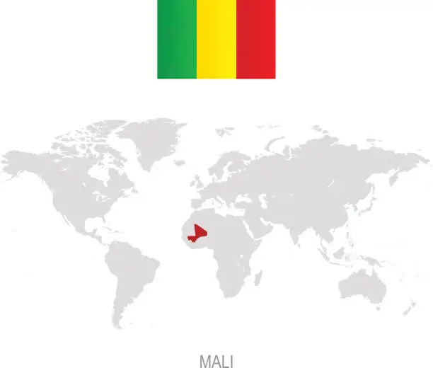 Vector illustration of Flag of Mali and designation on World map