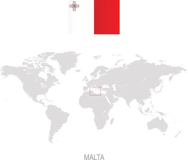 Vector illustration of Flag of Malta and designation on World map