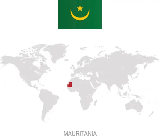 Vector illustration of Flag of Mauritania and designation on World map