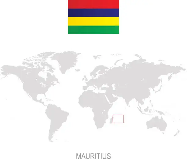 Vector illustration of Flag of Mauritius and designation on World map