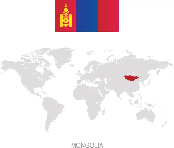 Vector illustration of Flag of Mongolia and designation on World map