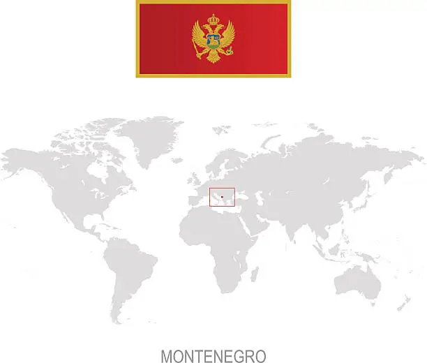 Vector illustration of Flag of Montenegro and designation on World map