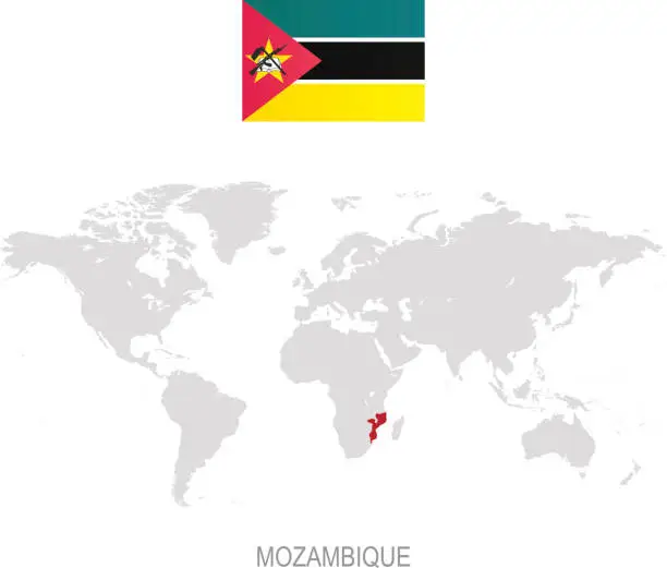 Vector illustration of Flag of Mozambique and designation on World map