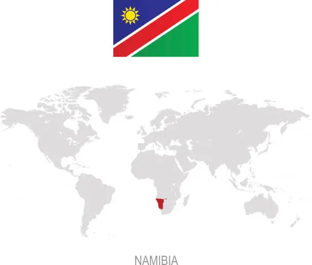 Vector illustration of Flag of Namibia and designation on World map