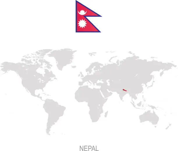 Vector illustration of Flag of Nepal and designation on World map
