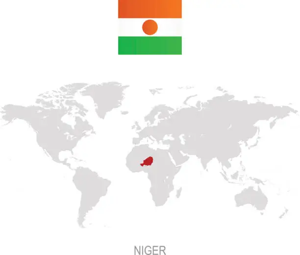 Vector illustration of Flag of Niger and designation on World map