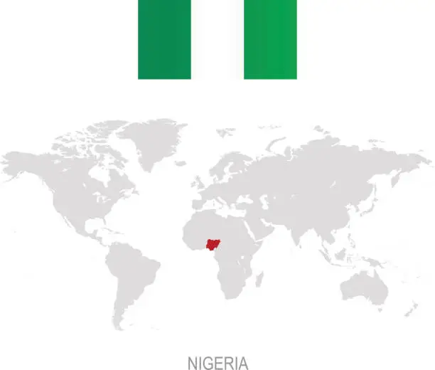 Vector illustration of Flag of Nigeria and designation on World map