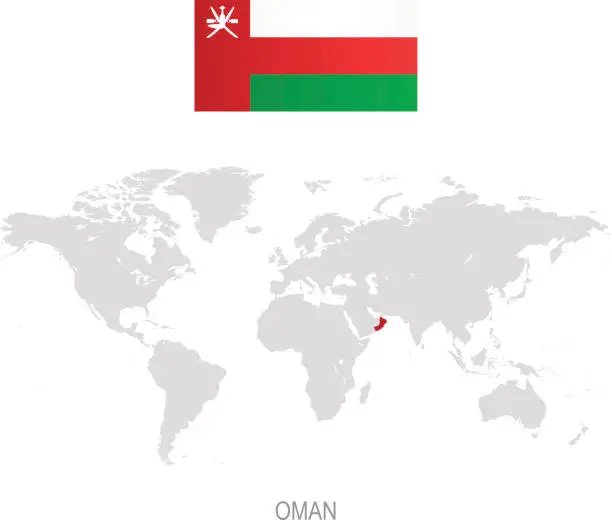 Vector illustration of Flag of Oman and designation on World map