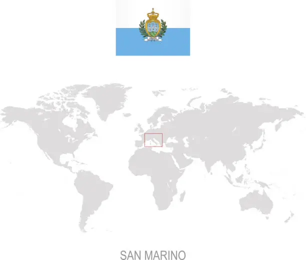 Vector illustration of Flag of San Marino and designation on World map