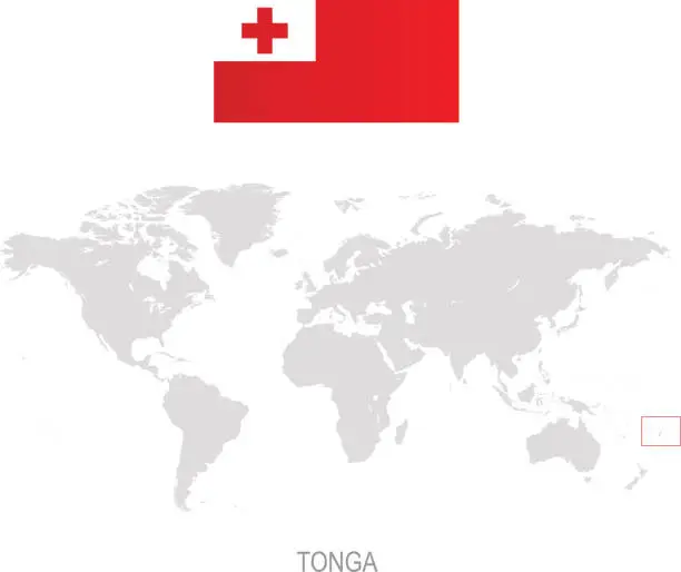 Vector illustration of Flag of Tonga and designation on World map